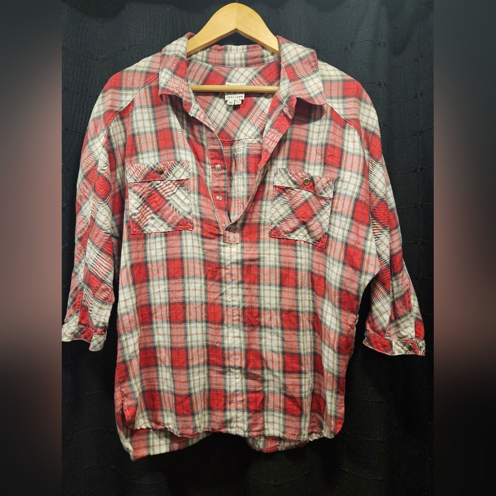 Haute Hippie Red Plaid Flannel Pullover Henley XS Boho Grunge Western Chic - Picture 2 of 7